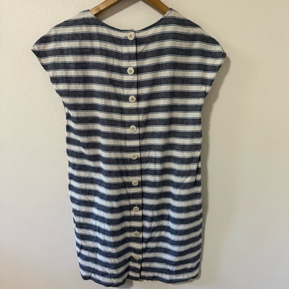 Madewell Stripe Play Button Back Linen Blend Shift Dress Blue White Pockets-XS - Picture 3 of 10